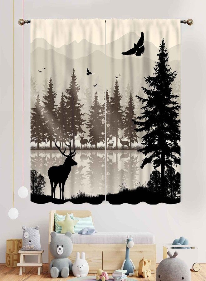 TKUYO Farmhouse Deer Curtains, Retro Rustic Forest Lake Pine Tree Silhouette Country Lodge Cabin Cottage Vintage Blackout Window Drapery Treatments for Kitchen Bedroom Living Room 2 Panels Set, 42"x45" Inch - Image 3